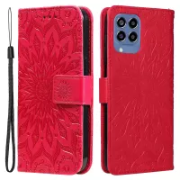 KT Imprinting Flower Series-1 for Samsung Galaxy M33 5G (Global Version) Imprinting Mandala Sun Pattern Phone Leather Case with Stand Wallet - Red