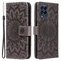 KT Imprinting Flower Series-1 for Samsung Galaxy M53 5G Wallet Stand Imprinting Mandala Sun Pattern Phone Case PU Leather Flip Cover - Grey