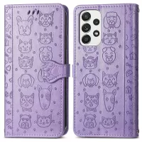 For Samsung Galaxy A32 4G (EU Version) PU Leather Wallet Case Cat Dog Pattern Imprinted Drop-proof Magnetic Clasp Stand Cover - Purple
