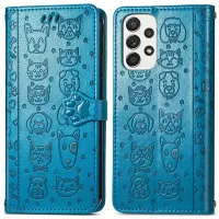 For Samsung Galaxy A32 4G (EU Version) PU Leather Wallet Case Cat Dog Pattern Imprinted Drop-proof Magnetic Clasp Stand Cover - Blue