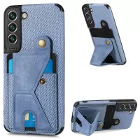 For Samsung Galaxy S22 5G Carbon Fiber Texture K-shape Kickstand PU Leather Coated TPU Card Holder Phone Case with Built-in Metal Sheet - Sky Blue