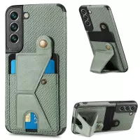 For Samsung Galaxy S22+ 5G Carbon Fiber Texture Phone Case K-shape Kickstand Card Slot PU Leather Coated TPU Cover with Car Mount Metal Sheet - Green
