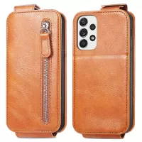 For Samsung Galaxy A73 5G Vertical Flip Zipper Wallet PU Leather Stand Phone Case with Built-in Metal Sheet - Brown