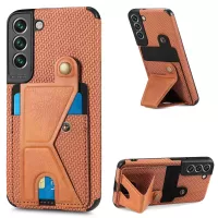 For Samsung Galaxy S22+ 5G Carbon Fiber Texture Phone Case K-shape Kickstand Card Slot PU Leather Coated TPU Cover with Car Mount Metal Sheet - Brown