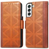 For Samsung Galaxy S22 5G PU Leather Cross Rhombus Imprinted Double Magnetic Clasp Phone Case with Wallet Stand - Brown