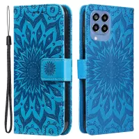 KT Imprinting Flower Series-1 for Samsung Galaxy M33 5G (Global Version) Imprinting Mandala Sun Pattern Phone Leather Case with Stand Wallet - Blue