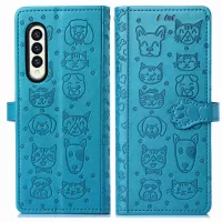 For Samsung Galaxy Z Fold3 5G PU Leather Phone Protective Case Cat Dog Pattern Imprinted Magnetic Clasp Shockproof Cover with Stand Wallet - Blue