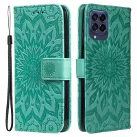 KT Imprinting Flower Series-1 for Samsung Galaxy M53 5G Wallet Stand Imprinting Mandala Sun Pattern Phone Case PU Leather Flip Cover - Green