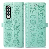 For Samsung Galaxy Z Fold3 5G PU Leather Phone Protective Case Cat Dog Pattern Imprinted Magnetic Clasp Shockproof Cover with Stand Wallet - Green