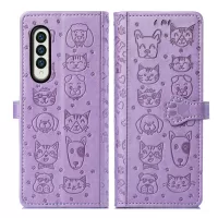For Samsung Galaxy Z Fold3 5G PU Leather Phone Protective Case Cat Dog Pattern Imprinted Magnetic Clasp Shockproof Cover with Stand Wallet - Purple