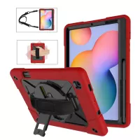360° Swivel Handy Strap Kickstand PC Silicone Hybrid Tablet Case with Shoulder Strap for Samsung Galaxy Tab S6 Lite/S6 Lite (2022) - Red/Black