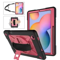 360° Swivel Handy Strap Kickstand PC Silicone Hybrid Tablet Case with Shoulder Strap for Samsung Galaxy Tab S6 Lite/S6 Lite (2022) - Black/Rose