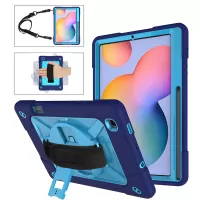 360° Swivel Handy Strap Kickstand PC Silicone Hybrid Tablet Case with Shoulder Strap for Samsung Galaxy Tab S6 Lite/S6 Lite (2022) - Dark Blue/Baby Blue
