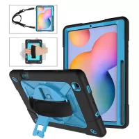 360° Swivel Handy Strap Kickstand PC Silicone Hybrid Tablet Case with Shoulder Strap for Samsung Galaxy Tab S6 Lite/S6 Lite (2022) - Black/Baby Blue