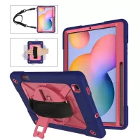 360° Swivel Handy Strap Kickstand PC Silicone Hybrid Tablet Case with Shoulder Strap for Samsung Galaxy Tab S6 Lite/S6 Lite (2022) - Dark Blue/Rose