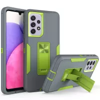 For Samsung Galaxy A33 5G Drop Proof PC + TPU Hybrid Phone Cover with Integrated Kickstand Car Mount Metal Sheet Case - Dark Grey/Fluorescent Green