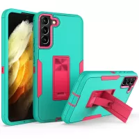For Samsung Galaxy S22+ 5G Hard PC + Soft TPU Hybrid Phone Cover with Integrated Kickstand Car Mount Metal Sheet Case - Teal/Rose
