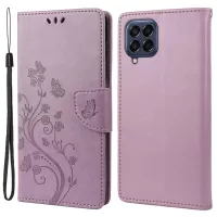 For Samsung Galaxy M33 5G (Global Version) Butterfly Flower Imprinted Wallet Case, PU Leather Foldable Stand Flip Cover with Hand Strap - Light Purple