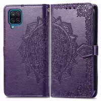 Mandala Flower Imprinting PU Leather Case for Samsung Galaxy M33 5G (Global Version), Adjustable Stand Wallet Design Leather Phone Shell with Strap - Purple