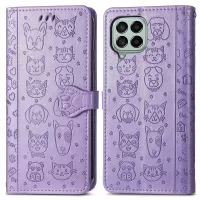 For Samsung Galaxy M33 5G (Global Version) PU Leather Case Cat Dog Pattern Imprinted Stand Wallet Phone Cover with Strap - Purple