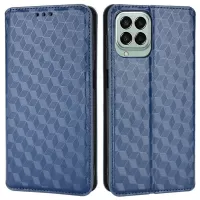 Anti-scratch Imprinted Rhombus Pattern Case for Samsung Galaxy M33 5G (Global Version), PU Leather Stand Magnetic Auto Closure Wallet Phone Cover - Blue