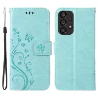For Samsung Galaxy A73 5G Butterfly Flower Imprinted Wallet Phone Case PU Leather Folio Flip Cover with Stand/Strap - Baby Blue