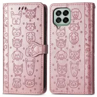 For Samsung Galaxy M33 5G (Global Version) PU Leather Case Cat Dog Pattern Imprinted Stand Wallet Phone Cover with Strap - Rose Gold