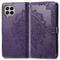 Mandala Flower Imprinting PU Leather Case for Samsung Galaxy M53 5G, Stand Wallet Design Full Covering Leather Phone Shell with Strap - Purple