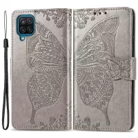 Big Butterfly Imprinting Leather Phone Shell for Samsung Galaxy M33 5G (Global Version), Full Coverage PU Leather Case with Stand Wallet + Handy Strap - Grey