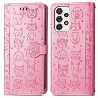 For Samsung Galaxy A73 5G PU Leather Wallet Case Cat Dog Pattern Imprinted Design Stand Fall Proof Magnetic Clasp Cover with Strap - Pink