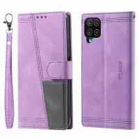 TTUDRCH 004 Splicing Leather Case for Samsung Galaxy M33 5G (Global Version), RFID Blocking Wallet Design Foldable Stand Phone Shell with Strap - Purple