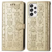 For Samsung Galaxy A73 5G PU Leather Wallet Case Cat Dog Pattern Imprinted Design Stand Fall Proof Magnetic Clasp Cover with Strap - Gold