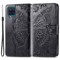 Big Butterfly Imprinting Leather Phone Shell for Samsung Galaxy M33 5G (Global Version), Full Coverage PU Leather Case with Stand Wallet + Handy Strap - Black
