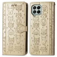 For Samsung Galaxy M33 5G (Global Version) PU Leather Case Cat Dog Pattern Imprinted Stand Wallet Phone Cover with Strap - Gold
