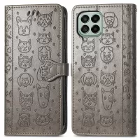 For Samsung Galaxy M33 5G (Global Version) PU Leather Case Cat Dog Pattern Imprinted Stand Wallet Phone Cover with Strap - Grey