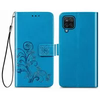 For Samsung Galaxy M33 5G (Global Version) Wallet Stand Case Imprinting Four-leaf Clover PU Leather Anti-drop Phone Cover - Blue