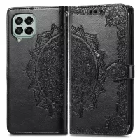 Mandala Flower Imprinting PU Leather Case for Samsung Galaxy M53 5G, Stand Wallet Design Full Covering Leather Phone Shell with Strap - Black