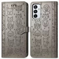 For Samsung Galaxy M23 5G/F23 5G Cat Dog Pattern Imprinted PU Leather + TPU All-round Case Stand Wallet Phone Cover with Strap - Grey