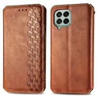For Samsung Galaxy M53 5G Auto-Absorbed Rhombus Imprinting Leather Phone Case with Foldable Stand Folio Flip Wallet - Brown