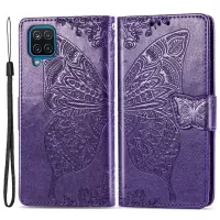 Big Butterfly Imprinting Leather Phone Shell for Samsung Galaxy M33 5G (Global Version), Full Coverage PU Leather Case with Stand Wallet + Handy Strap - Purple
