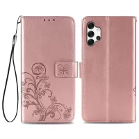 Clover Pattern Imprinting Leather Case for Samsung Galaxy A32 5G, Wallet Stand Design Full Protection Leather Phone Shell with Strap - Rose Gold