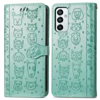 For Samsung Galaxy M23 5G/F23 5G Cat Dog Pattern Imprinted PU Leather + TPU All-round Case Stand Wallet Phone Cover with Strap - Green