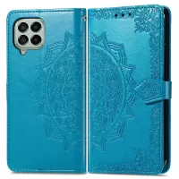 Mandala Flower Imprinting PU Leather Case for Samsung Galaxy M53 5G, Stand Wallet Design Full Covering Leather Phone Shell with Strap - Blue