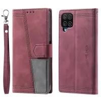 TTUDRCH 004 Splicing Leather Case for Samsung Galaxy M33 5G (Global Version), RFID Blocking Wallet Design Foldable Stand Phone Shell with Strap - Wine Red