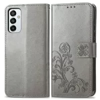 For Samsung Galaxy M23 5G/F23 5G Four-leaf Clover Imprinted Anti-scratch Leather Case Viewing Stand Wallet Inner TPU Shell - Grey