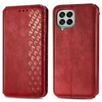 For Samsung Galaxy M53 5G Auto-Absorbed Rhombus Imprinting Leather Phone Case with Foldable Stand Folio Flip Wallet - Red