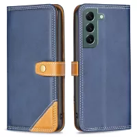 BINFEN COLOR BF Leather Series-8 12 Style PU Leather Phone Shell for Samsung Galaxy S22+ 5G, Foldable Stand Design Splicing Matte Leather Case with 3 Card Slots - Blue