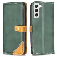BINFEN COLOR BF Leather Series-8 12 Style PU Leather Phone Shell for Samsung Galaxy S22 5G, Scratch-Resistant Splicing Matte Leather Stand Case with Card Slots Design - Green