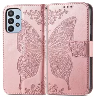 Big Butterfly Imprinting Leather Phone Shell for Samsung Galaxy A23 5G, Drop-Prevention PU Leather Stand Wallet Case with Handy Strap - Rose Gold