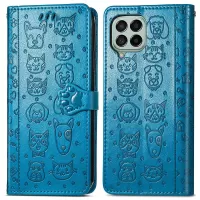 For Samsung Galaxy M53 5G Imprinting Cat Dog Pattern Leather Case Magnetic Clasp Wallet Stand Phone Cover with Strap - Blue